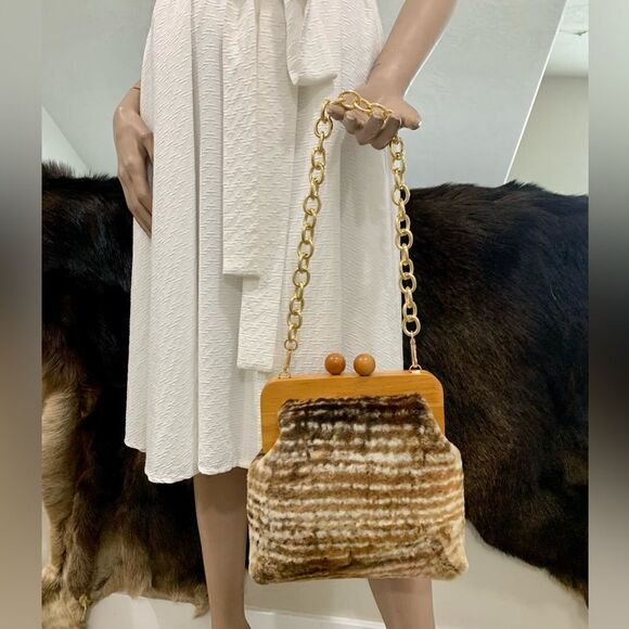 Handmade Genuine Shearling Wooden Frame Clutch/Shoulder Bag/Crossbody - Picture 7 of 15